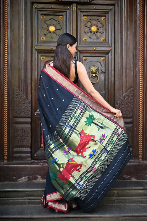 Rang Mahal ~ Handloom Pure Cotton Paithani in Black with Pichwai Pallu