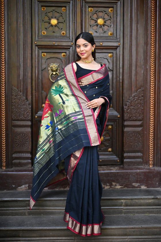 Rang Mahal ~ Handloom Pure Cotton Paithani in Black with Pichwai Pallu