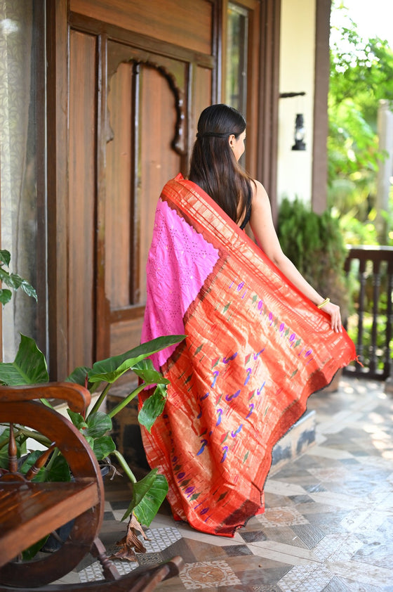 Rang Mahal Exclusive ~ Handloom Pure Silk Bandhani Paithani with Double Pallu in Pink with Orange (With Silk Mark)