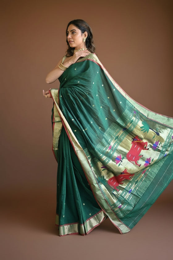 Rang Mahal ~ Handloom Pure Cotton Paithani in Green with Pichwai Pallu