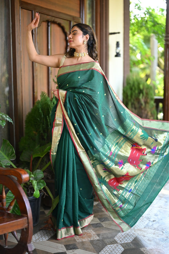 Rang Mahal ~ Handloom Pure Cotton Paithani in Green with Pichwai Pallu
