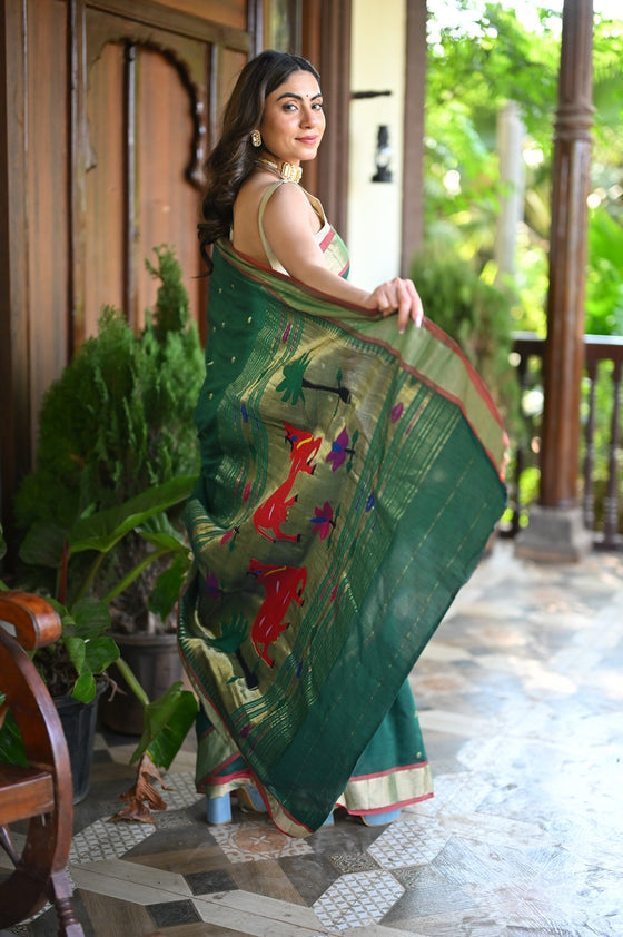 Rang Mahal ~ Handloom Pure Cotton Paithani in Green with Pichwai Pallu