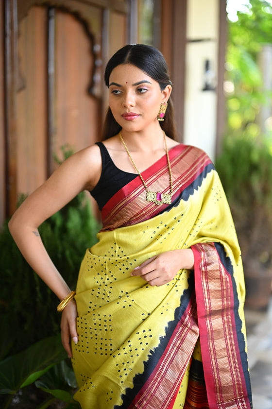 Rang Mahal Exclusive ~ Handloom Pure Silk Bandhani Paithani with Double Pallu in Yellow with Black Red (With Silk Mark)