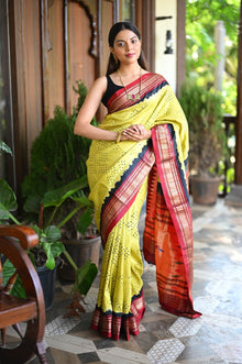  Rang Mahal Exclusive ~ Handloom Pure Silk Bandhani Paithani with Double Pallu in Yellow with Black Red (With Silk Mark)