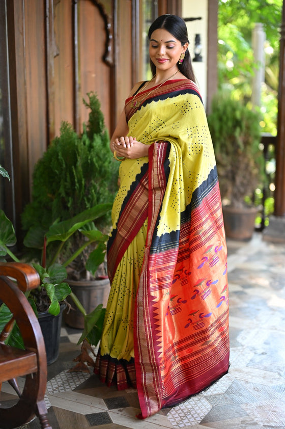 Rang Mahal Exclusive ~ Handloom Pure Silk Bandhani Paithani with Double Pallu in Yellow with Black Red (With Silk Mark)