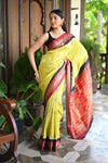 Rang Mahal Exclusive ~ Handloom Pure Silk Bandhani Paithani with Double Pallu in Yellow with Black Red (With Silk Mark)