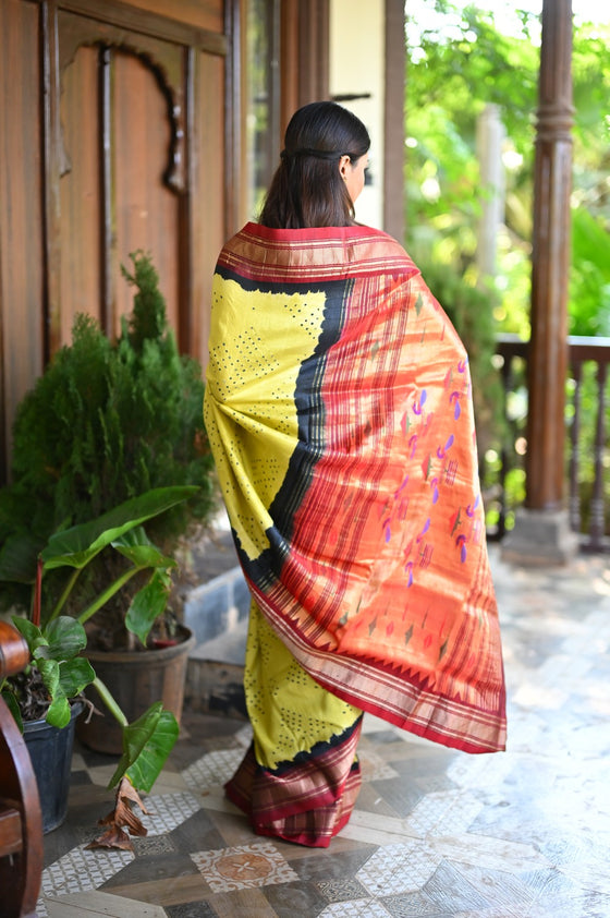 Rang Mahal Exclusive ~ Handloom Pure Silk Bandhani Paithani with Double Pallu in Yellow with Black Red (With Silk Mark)