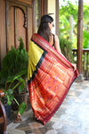Rang Mahal Exclusive ~ Handloom Pure Silk Bandhani Paithani with Double Pallu in Yellow with Black Red (With Silk Mark)