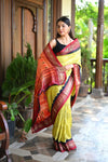 Rang Mahal Exclusive ~ Handloom Pure Silk Bandhani Paithani with Double Pallu in Yellow with Black Red (With Silk Mark)