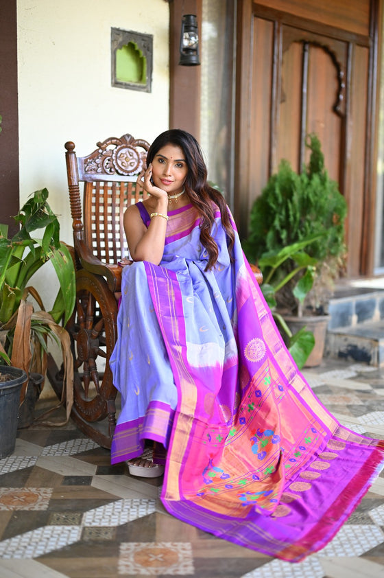 Rang Mahal ~ Handloom Pure Silk Maharani Paithani in Rich and Perfect Lavender high quality silk (With Silk Mark)