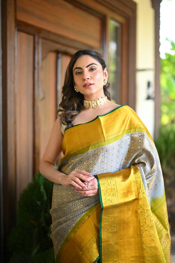 Rang Mahal ~ Brocade Gadwal Pure Silk Handloom Saree in Bestselling Silver and Yellow (With Silk Mark)
