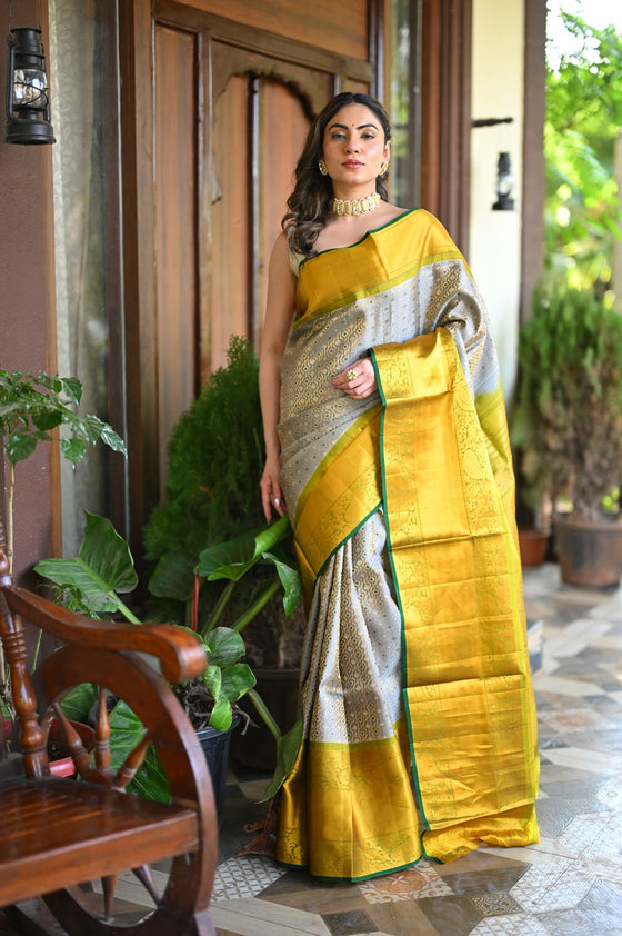 Rang Mahal ~ Brocade Gadwal Pure Silk Handloom Saree in Bestselling Silver and Yellow (With Silk Mark)