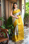Rang Mahal ~ Brocade Gadwal Pure Silk Handloom Saree in Bestselling Silver and Yellow (With Silk Mark)