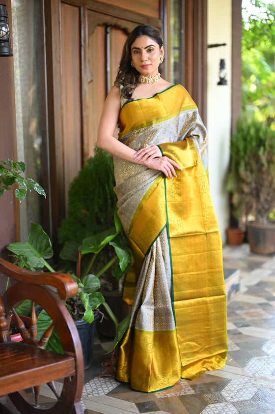 Rang Mahal ~ Brocade Gadwal Pure Silk Handloom Saree in Bestselling Silver and Yellow (With Silk Mark)