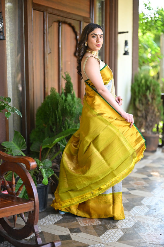 Rang Mahal ~ Brocade Gadwal Pure Silk Handloom Saree in Bestselling Silver and Yellow (With Silk Mark)