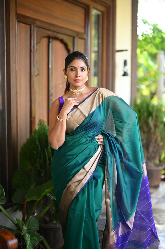 Tarang ~ Handloom Cotton Silk with Sleek Designer Border in Marine Green & Blue