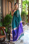 Tarang ~ Handloom Cotton Silk with Sleek Designer Border in Marine Green & Blue