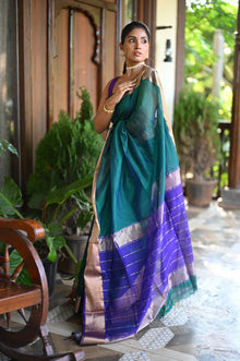  Tarang ~ Handloom Cotton Silk with Sleek Designer Border in Marine Green & Blue