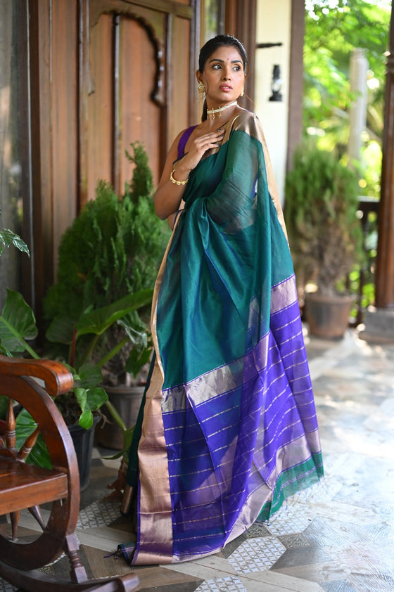 Tarang ~ Handloom Cotton Silk with Sleek Designer Border in Marine Green & Blue