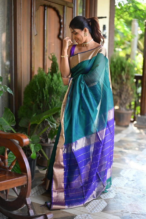 Tarang ~ Handloom Cotton Silk with Sleek Designer Border in Marine Green & Blue
