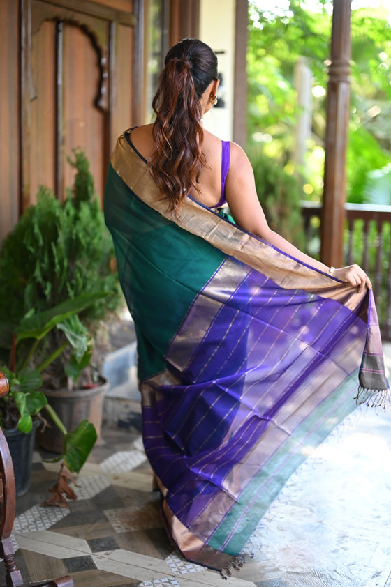 Tarang ~ Handloom Cotton Silk with Sleek Designer Border in Marine Green & Blue