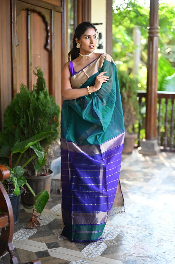 Tarang ~ Handloom Cotton Silk with Sleek Designer Border in Marine Green & Blue