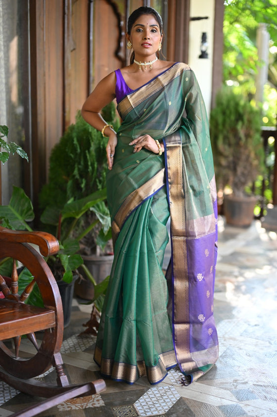 Tarang ~ Handloom Tissue Cotton Silk with Sleek Designer Border in Grass Green & Purple