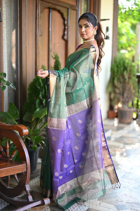 Tarang ~ Handloom Tissue Cotton Silk with Sleek Designer Border in Grass Green & Purple