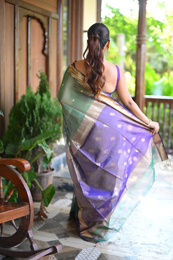 Tarang ~ Handloom Tissue Cotton Silk with Sleek Designer Border in Grass Green & Purple