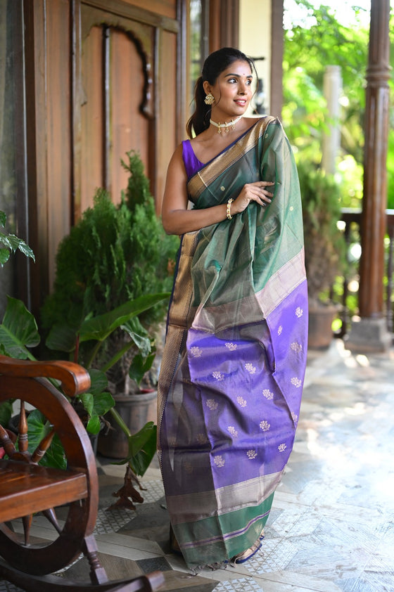 Tarang ~ Handloom Tissue Cotton Silk with Sleek Designer Border in Grass Green & Purple