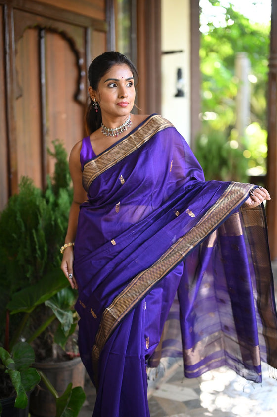 Tarang ~ Handloom Cotton Silk with Sleek Designer Border in Marine Blue