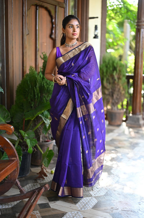 Tarang ~ Handloom Cotton Silk with Sleek Designer Border in Marine Blue
