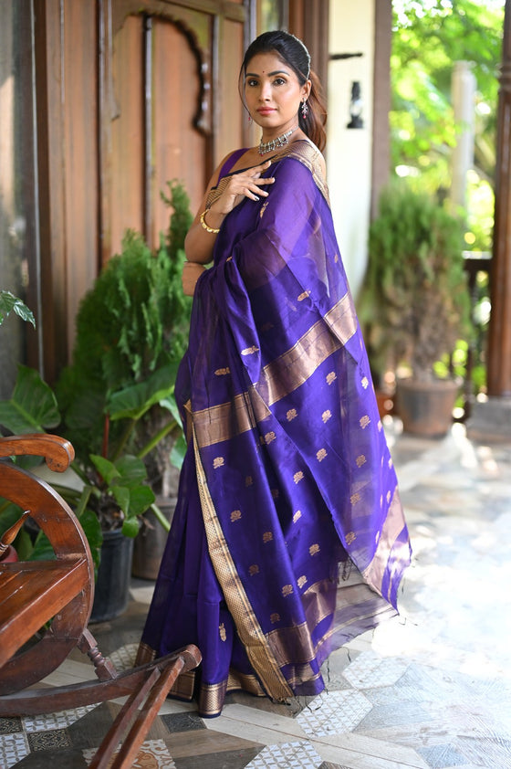 Tarang ~ Handloom Cotton Silk with Sleek Designer Border in Marine Blue