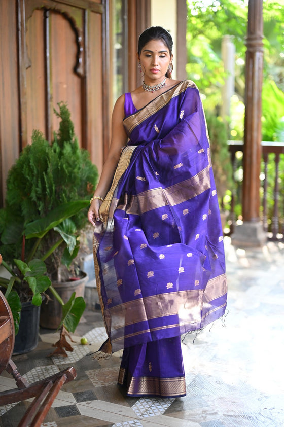 Tarang ~ Handloom Cotton Silk with Sleek Designer Border in Marine Blue