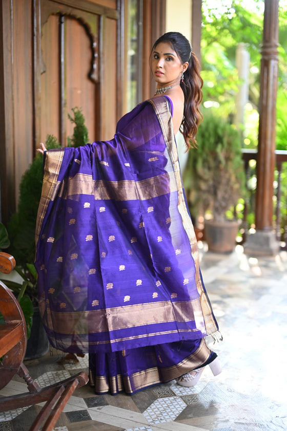 Tarang ~ Handloom Cotton Silk with Sleek Designer Border in Marine Blue