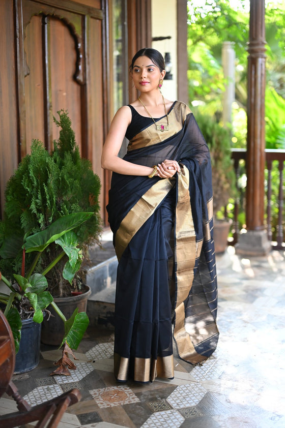 Tarang ~ Handloom Cotton Silk with Sleek Designer Border in Black Gold