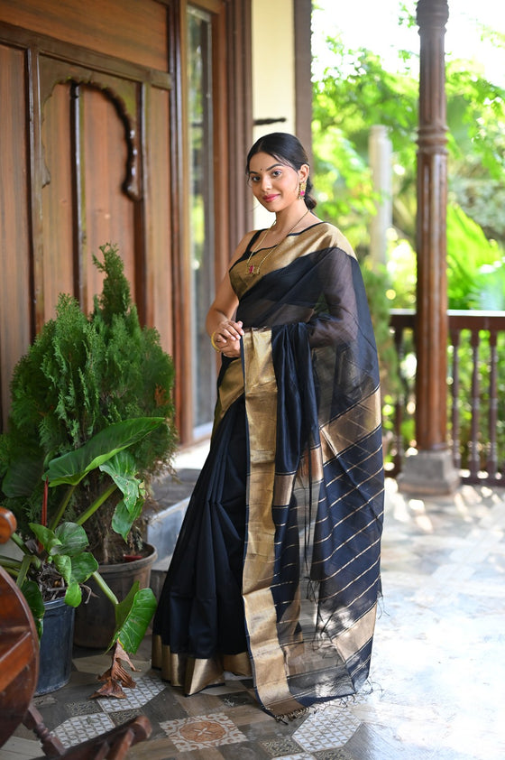 Tarang ~ Handloom Cotton Silk with Sleek Designer Border in Black Gold