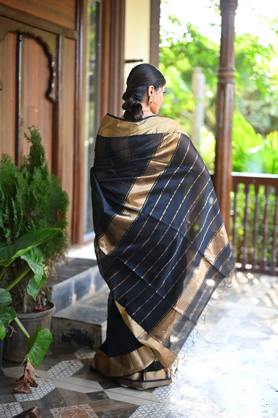 Tarang ~ Handloom Cotton Silk with Sleek Designer Border in Black Gold