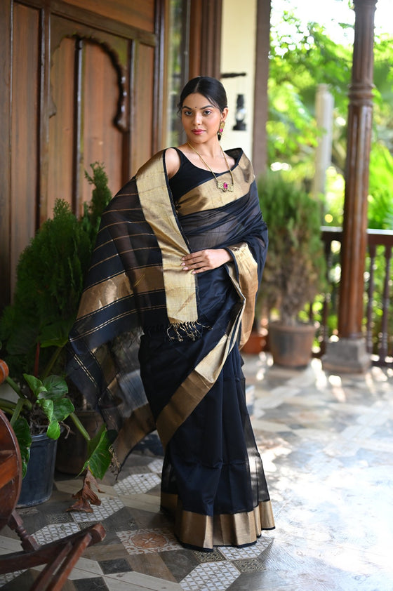 Tarang ~ Handloom Cotton Silk with Sleek Designer Border in Black Gold