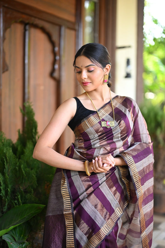 Tarang ~ Handloom Cotton Silk Linear Stripes with Sleek Designer Border in Purple Gold