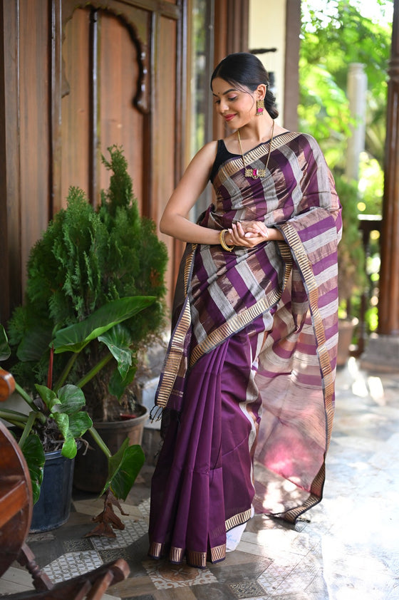 Tarang ~ Handloom Cotton Silk Linear Stripes with Sleek Designer Border in Purple Gold