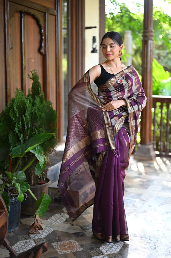 Tarang ~ Handloom Cotton Silk Linear Stripes with Sleek Designer Border in Purple Gold