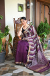 Tarang ~ Handloom Cotton Silk Linear Stripes with Sleek Designer Border in Purple Gold