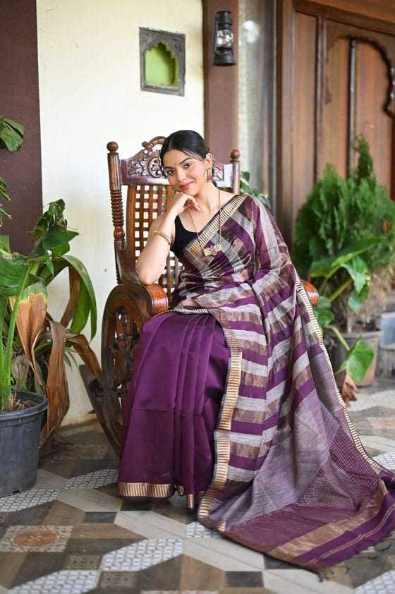 Tarang ~ Handloom Cotton Silk Linear Stripes with Sleek Designer Border in Purple Gold