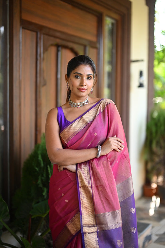 Tarang ~ Handloom Tissue Cotton Silk Linear Stripes with Sleek Designer Border in Pink with Purple