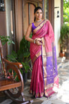 Tarang ~ Handloom Tissue Cotton Silk Linear Stripes with Sleek Designer Border in Pink with Purple