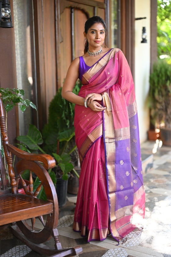 Tarang ~ Handloom Tissue Cotton Silk Linear Stripes with Sleek Designer Border in Pink with Purple