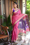 Tarang ~ Handloom Tissue Cotton Silk Linear Stripes with Sleek Designer Border in Pink with Purple