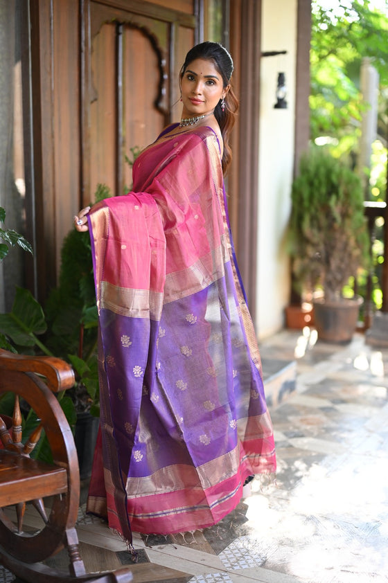 Tarang ~ Handloom Tissue Cotton Silk Linear Stripes with Sleek Designer Border in Pink with Purple