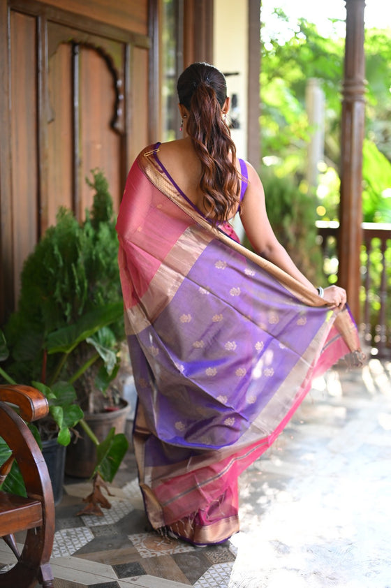 Tarang ~ Handloom Tissue Cotton Silk Linear Stripes with Sleek Designer Border in Pink with Purple